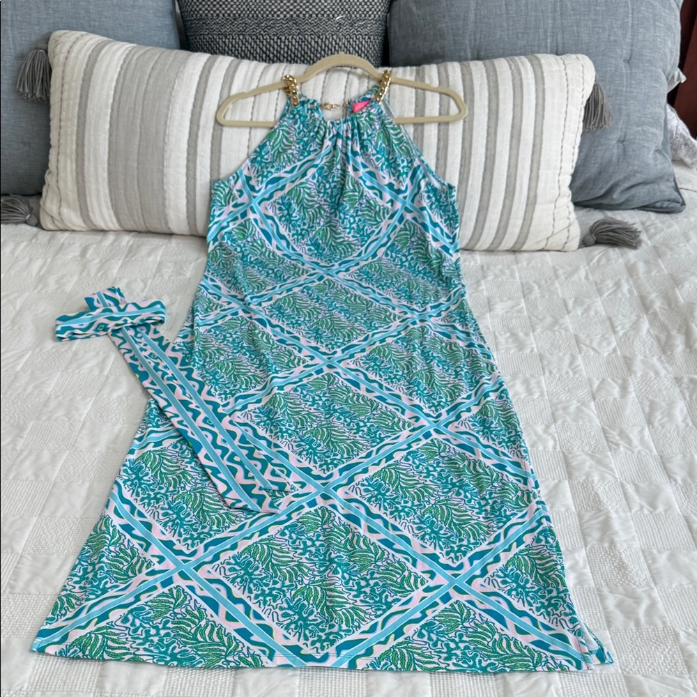 Lilly Pulitzer Bingham Midi Blues, pink and Green Patterned Halter Dress